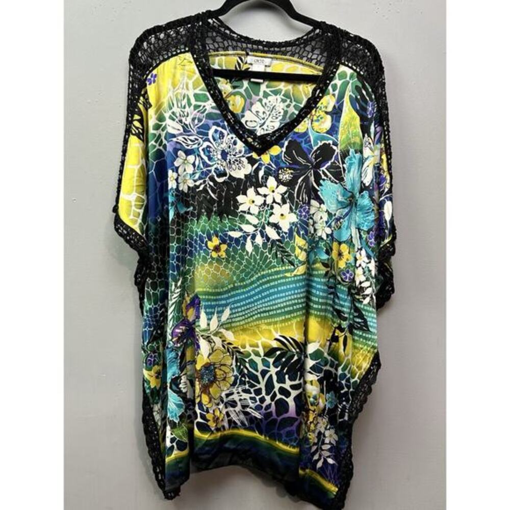 Cache Tunic Womens Medium Floral Crochet Details Bold Tropical Pullover